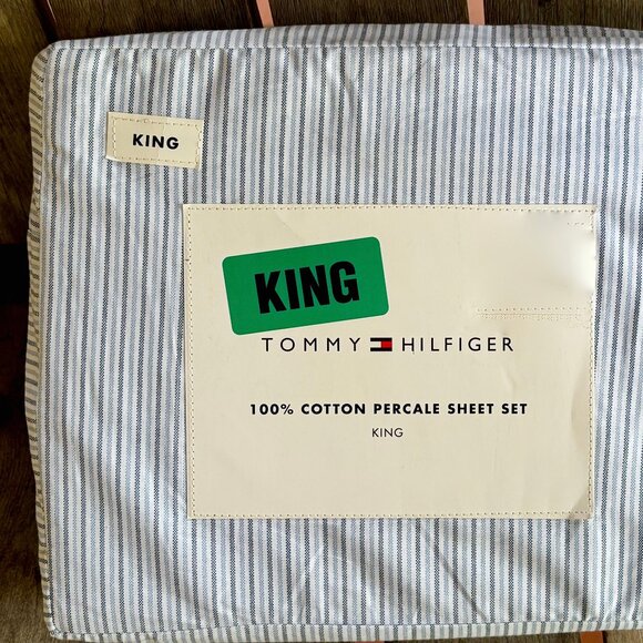Tommy Hilfiger King Size BLUE GRAY STRIPE Cotton Sheet Set ITHACA STRIPES - Picture 1 of 6